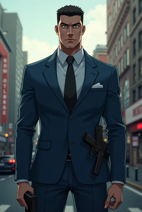 Create a mystery cop, de 1,90 meters, strong and slender, like an MMA fighter, with short black hair, upset, deep dark green eyes, with a suit fitted to the body, holster with two guns under the blue suit.