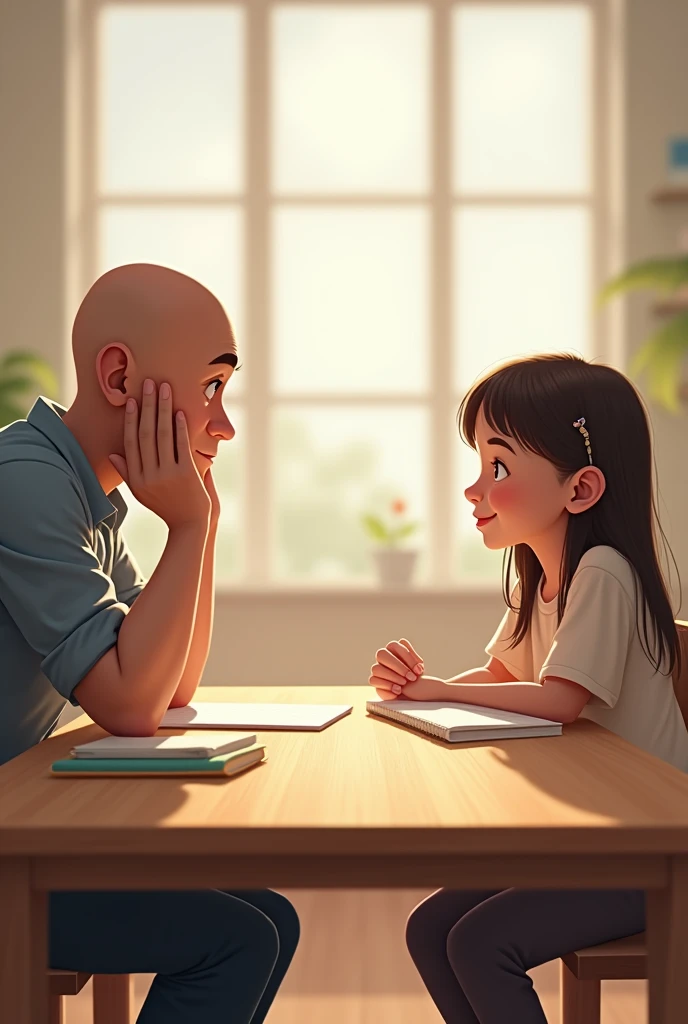 I need you to draw a bald man sitting down and a girl sitting next to him showing him her notebooks and homework., very clean but more details of the table should be shown and so on but the table should be shown more