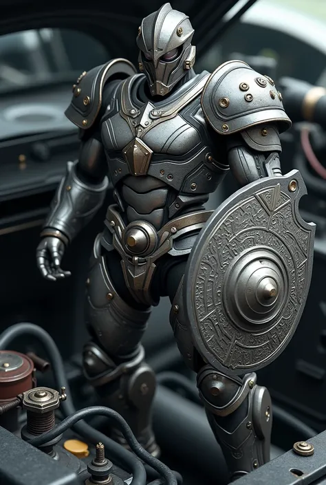 the image of an engine filter personified as a protective hero, similar to a warrior defending the car engine