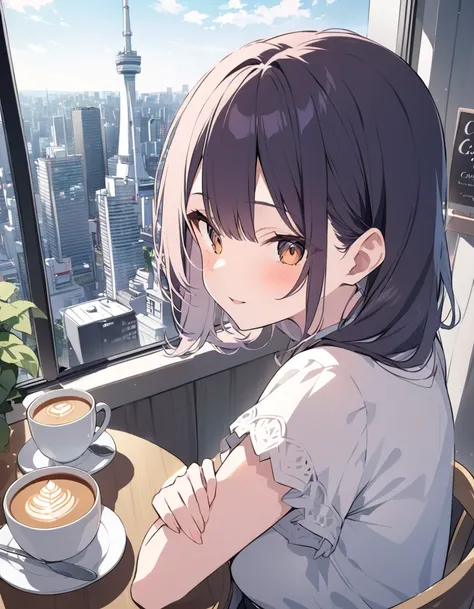 A woman in a cafe with a view of downtown Tokyo