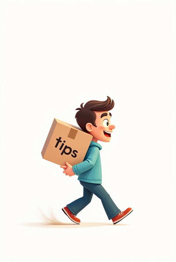 An animed man carrying a box on his front with a word "tips" on side and walking to the right, the whole scene was white at the background