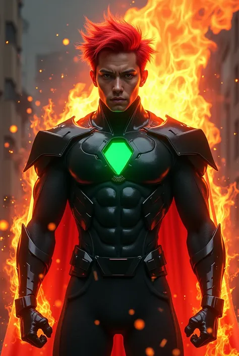 super hero that have flame power with red hair black armor green chest armor 
short hair his shoulder plate sharp 



