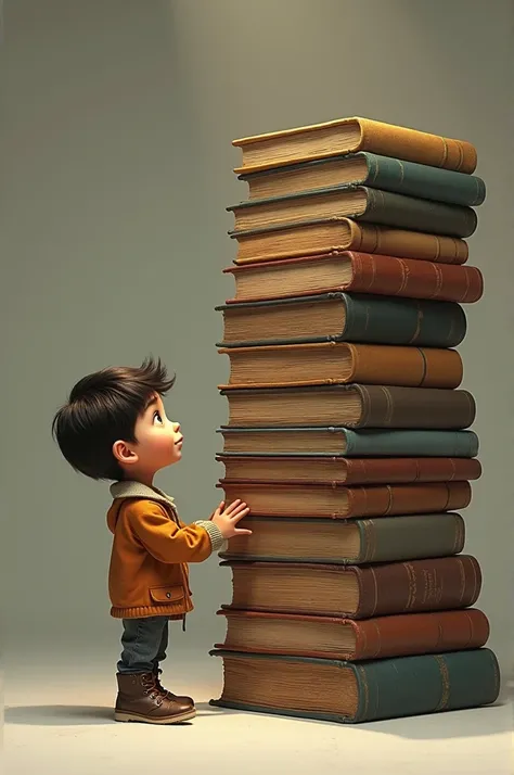 A boy stand with a single bundle of books kept near to him which is larger then him.