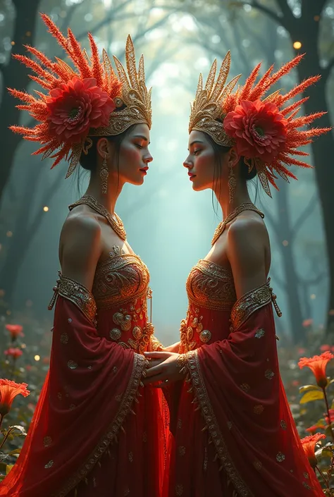 Amidst swirling wisps of crimson smoke, two figures stand at the threshold of a mystical realm. Their ornate attire shines like polished gemstones, with headdresses bursting forth in vibrant hues - scarlet flowers entwined with gleaming gold filigree, and ...