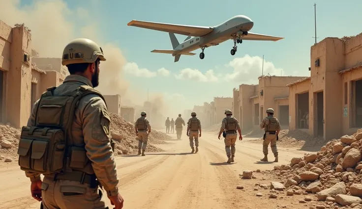 Depict a tense military scene at a U.S. base in northeastern Syria after a drone attack. Include damaged facilities with soldiers assessing the aftermath, medical personnel attending to injured troops, and the ominous presence of a drone in the sky. The se...