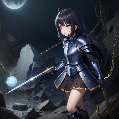 最high quality、high quality、Simple Cloth Armor、１０Year-old girl adventurer、Equipped with a weapon that has a short chain at the end of a stick and a spiked iron ball at the end of the chain、In a dark maze、Blue Armor