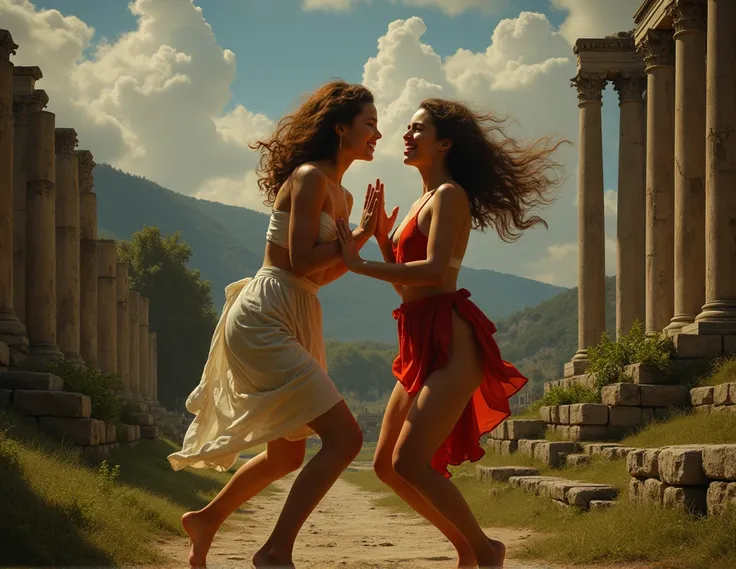 Ancient Roman ruins,landscape in the style of Poussin,A smile,,Sweet and seductive appearance.、Caravaggios paintings、Chiaroscuro of Caravaggio、Hair disheveled in the wind,Two women frolicking,Cute smile, Expression of ecstasy,A sexy,erotick