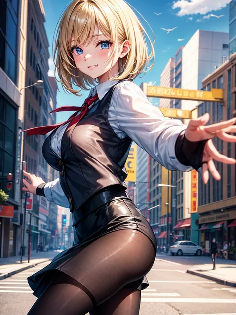 Anime style, super fine illustration, highly detailed, beautiful detailed, perfect detailed, super high quality image, static representation, gentle expression, happy expression, the pretty image, 8k, pretty 1girl with blonde straight short hair & blue eye...