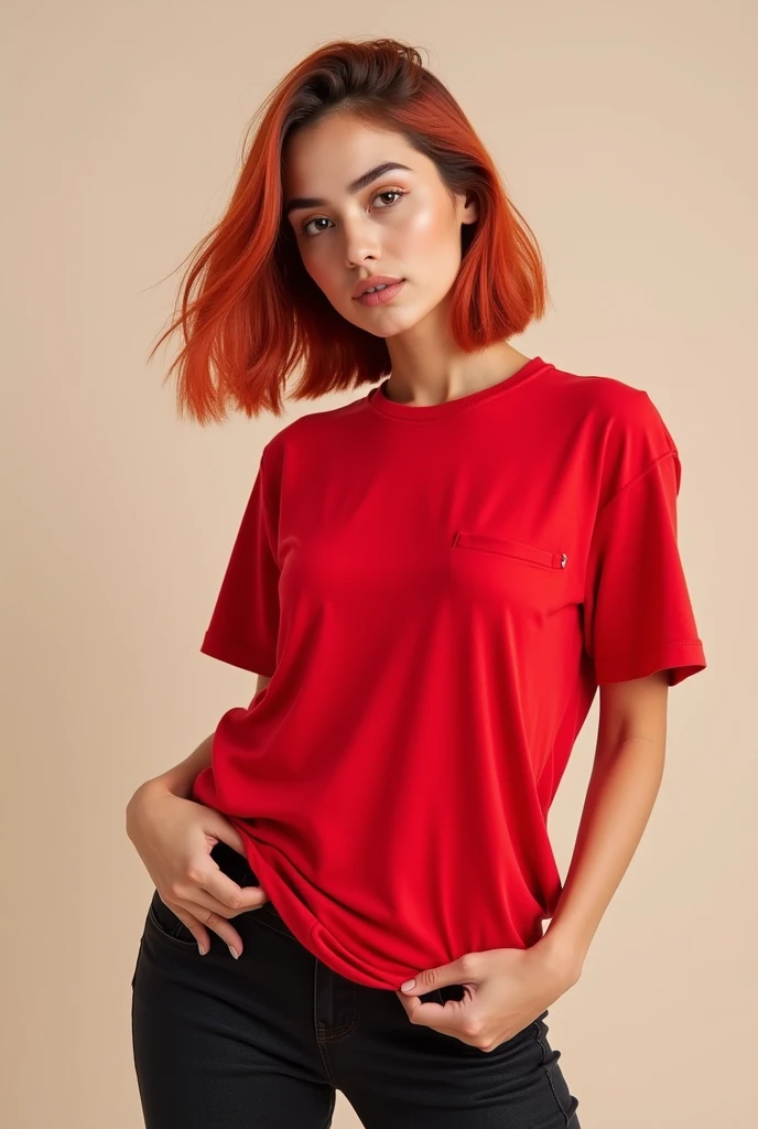 A women wear red tshirt with 3 different poses 