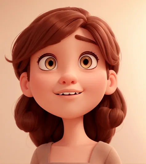 A beautiful young woman inspired by Disney Pixar animation, up close. The character is the center of attention with captivating facial expressions. He has brown eyes and hair. normal clothes.