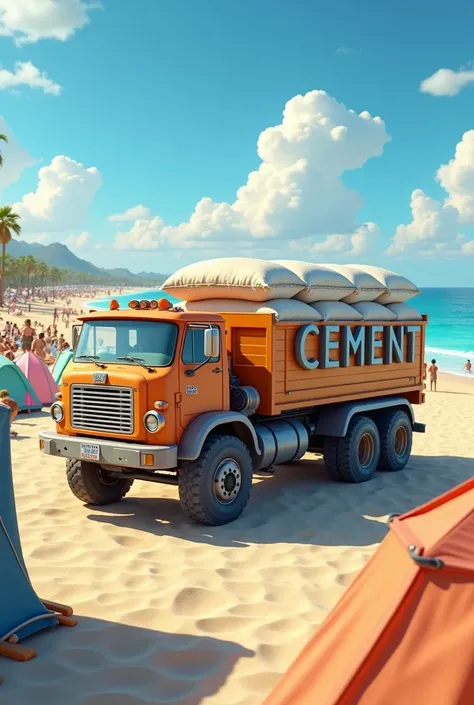 Truck carrying bags of cement on display, on a beach full of tents and bathers, written in cement on the side of the truck 