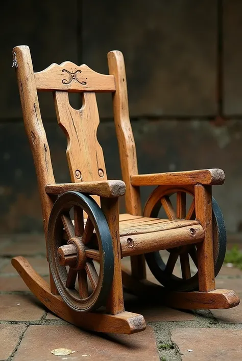 Rocking chair, of wood, rustic style. With wheelbarrow wheels on its armrests, Designed for a Lord of the Rings hobbit. 