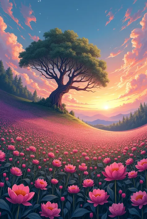 "Create a highly detailed anime-style illustration of a vast, enchanting flower field sprawling across a gently sloping hill. The flowers are enormous, with vibrant petals in a variety of colors, towering over the landscape, creating a surreal, magical atm...