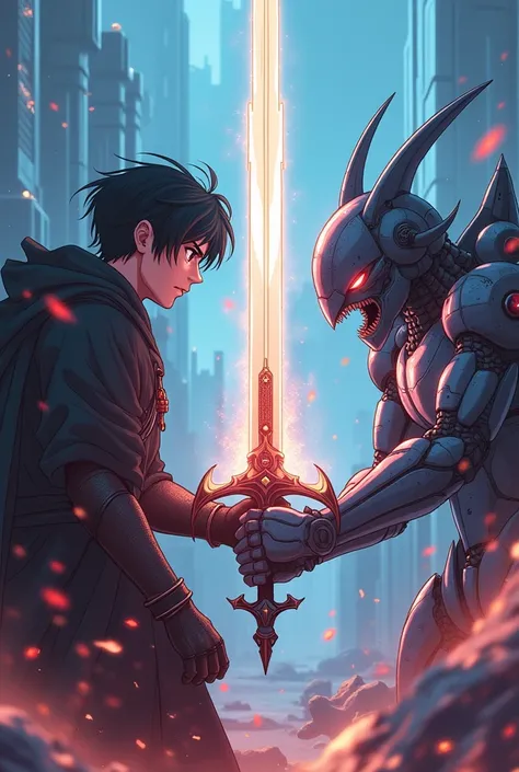 A man with a excalibur side to side against a robotic opponent anime style.