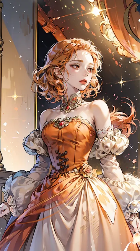 ((best quality)), ((masterpiece)), ((Romance Fantasy)), ((illustration)), (detailed), (clear), (Perfect), 1 woman, mature, upstage, expressionless, orange curly hair, tanned skin, Vermilion eyes, abundant eyelashes, Twinkle-free, red lips, big bust, small ...