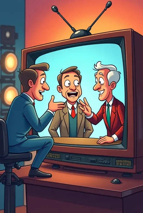 three guys talking on tv in cartoon style