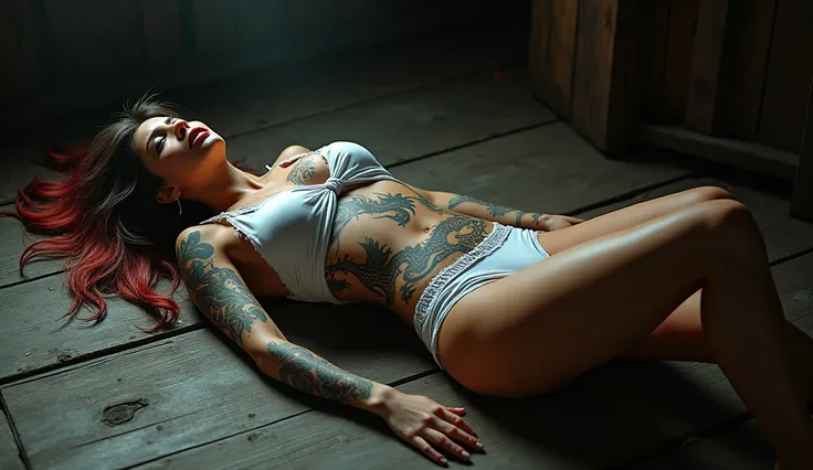 (8K, Best Quality, Masterpiece, Ultra High Definition: 1.2, Ultra Realism), wood tavern, very beautiful woman, natural delicate body, Frighted face, very detailed face, bright make-up, large detailed dragon tatooes on body, lying on a floor in a seductive ...