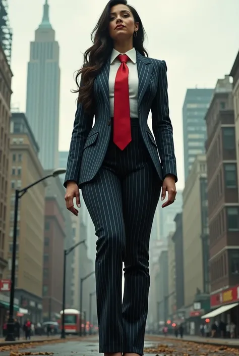 (photorealism:1.2), beautiful woman, Jenna Ortega, looking down from aerial View，giantess city, giant girl 5500 feet high，skyscrapers,Have a pair of ultra long legs，many people in street, curvy, massive breasts, pinstriped suit, shite tailored shirt, large...