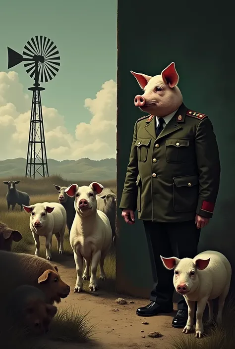 Create an image divided in half to represent the theme of George Orwells Animal Farm. On the left side, depict the original farm with a simple and traditional setting, where the animals appear oppressed by humans. On the right side, show the farm after the...