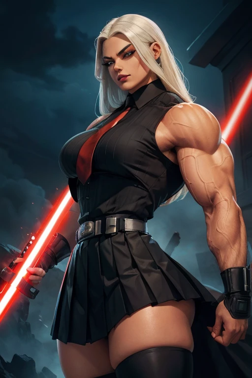 (((Massive tall, beautiful, buff, light brown skinned muscular female Sith Lord with white hair, black lipstick, ginormous bulky muscles, carrying a red lightsaber and wearing a black pleated shirt with beautiful long pleated skirt))), ((close view)), (hyp...