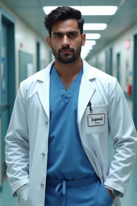 A doctor with a scrub having a name on it sajawal