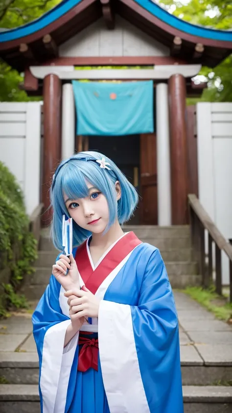 Cute shrine maiden with blue hair/Light blue hair, 