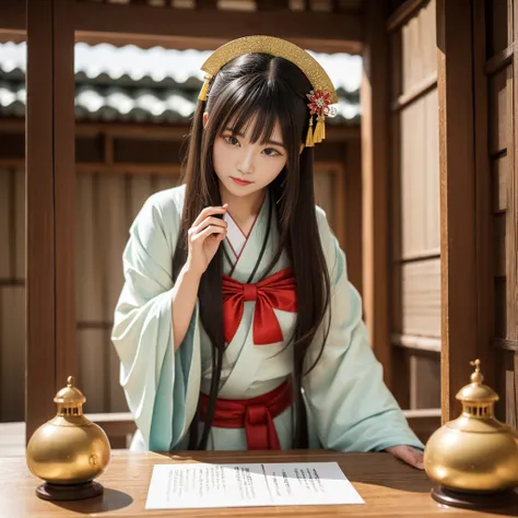 ((Highest quality、Tabletop、8k、Best image quality))、Japanese Shrine maiden of the Edo period、Japanese hair ornaments、Shrine maiden&#39;White、Shrine maiden千早、Shrine maiden&#39;Red too、long Red too、perfect red and white Shrine maiden costume、The atmosphere of...