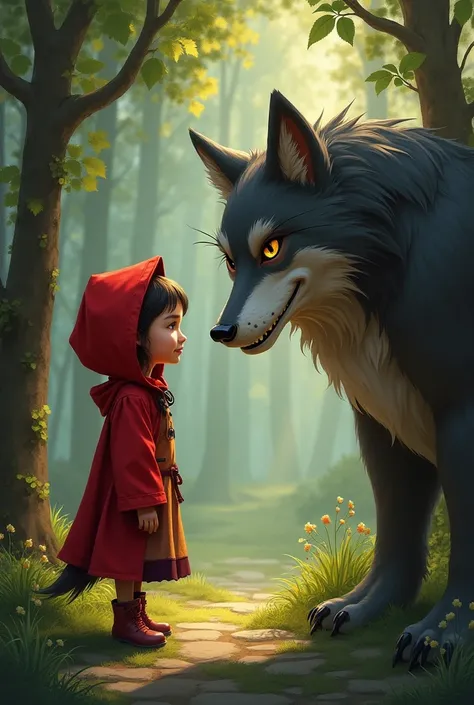 Little Red Riding Hood talking to the wolf