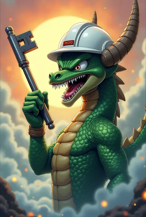 shenlong de dragon ball z.  with the white engineer&#39;s helmet and holding a key cheering 