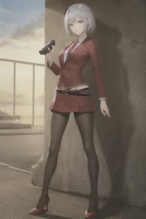 Highest quality、Ultra HD、One Woman、(Silver short hair)、(Red Blazer 1.3)、(Red tie)、(shirt)、(Red Heels 1.1)、((Red Mini Tight Skirt))、((Black Tights 1.2))、((1 holding a gun in both hands.5))、stylish、Beautiful Face、(Black Belt 1.2)、2 female、Glamorous Body、(Sun...