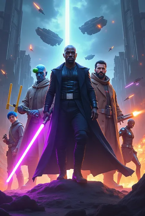 A captivating and visually stunning sci-fi movie poster featuring a central figure, a determined black man in a dark cloak, wielding a glowing purple lightsaber. Surrounding him is a diverse array of characters, including a blue-skinned alien, a bearded el...