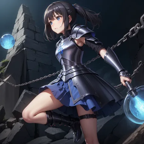 最high quality、high quality、Simple Cloth Armor、１０Year-old girl adventurer、Equipped with a weapon that has a short chain at the end of a stick and a spiked iron ball at the end of the chain、In a dark maze、Blue Armor