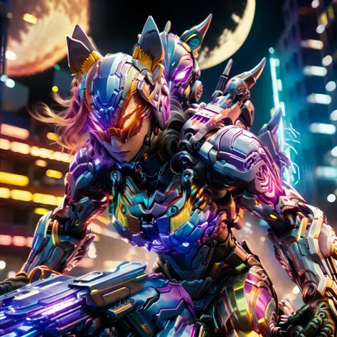 a highly detailed cyborg fox, a girl with glasses riding the cyborg fox, holding a gun, close-up shot, (rainbow-colored moon:1.2), futuristic city downtown, masterpiece, best quality, hyper-detailed, photorealistic, vibrant colors, dramatic lighting, cinem...