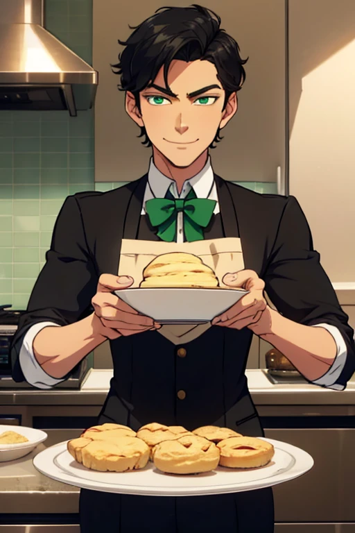 Perfect face. Perfect hands. A handsome black haired man with green eyes and short hair in a butlers uniform is smiling while baking scones in a fancy kitchen