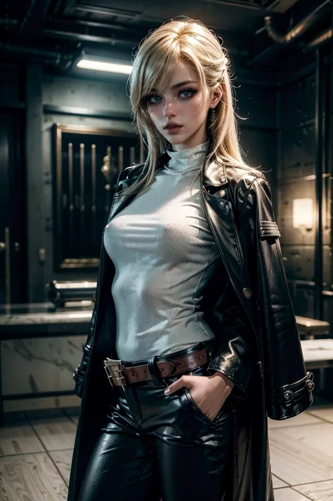 cowboy shot,a pretty 2 girl,blond hair,blue eyes,lora_Emma,slim athletic body,tight and stretched white blouse with buttons,button gap,short sleeves,ultra low rise black shiny latex pants,(double metal belt),empty studiobackground,((black coat on shoulders...