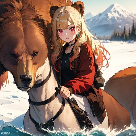 Girl riding a brown bear, Brown Bear, Kitagawa Marine, The background is snowy mountains, One girl, Blonde Hair, Long Hair, Multicolored Hair, Red eyes, jewelry, Earrings, Earrings, Black choker, uhd, retina, masterpiece, ccurate, anatomically correct, tex...