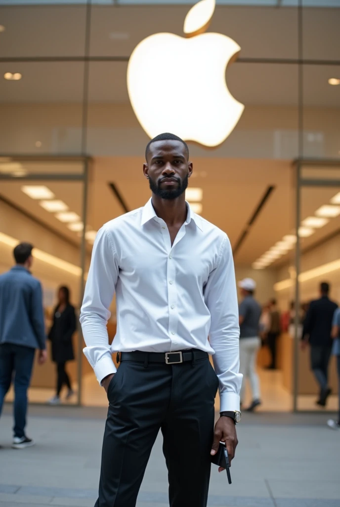 A man stand in white shirt black pant with iphone near the apple showroom 