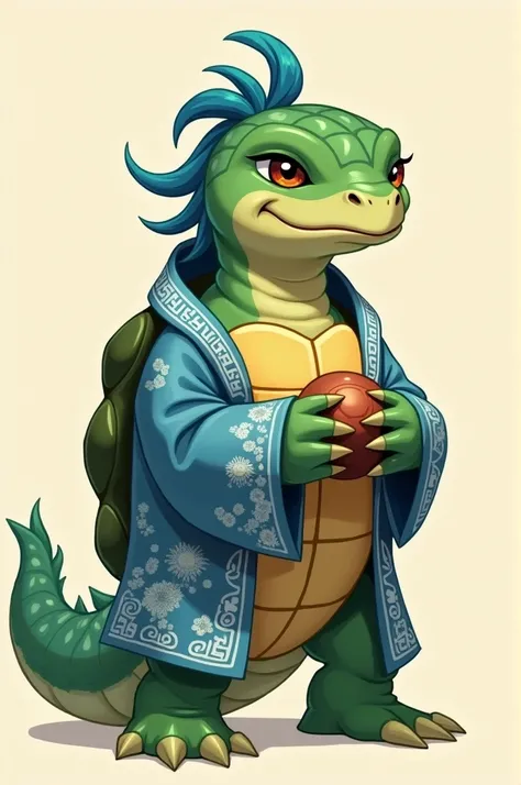 Digital illustration of a stylized, anthropomorphic turtle character. turtle has a serpentine body covered in green scales, with blue accents on its mane and tail. It has a big lips and expressive, narrowed eyes. The turtle is dressed in a traditional chin...