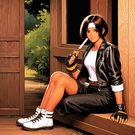 Alone,Female,Sitting on porch,eating with popsicle and looking at viewer,short hair,black hair,best lighting,dark skin,red eyes,((black leather jacket with rolled up arms)),fingerless gloves,white T-shirt, ((white headband)),black long pants,white shoes,br...