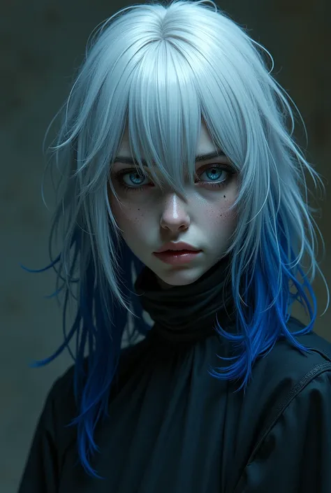 Human female with gray skin blue eyes and white blue hair traumatized and slightly emo with her hair obscuring half of her face dungeons and dragons rpg style