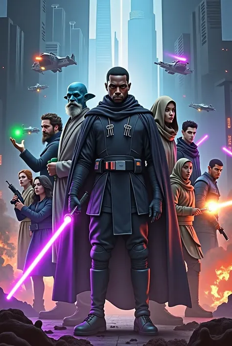 A captivating and visually stunning sci-fi movie poster featuring a central figure, a determined black man in a dark cloak, wielding a glowing purple lightsaber. Surrounding him is a diverse array of characters, including a blue-skinned alien, a bearded el...