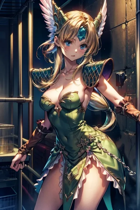 (masterpiece, Highest quality:1.2), Cowboy Shot, alone, one person, Riesz,  View your viewers,, Long hair tied low, Winged Helmet,green dress, armor, shoulder armor, Bridal Gauntlet, Cleavage,(In a prison with iron bars:1.4),(Behind the iron bars:1.4)