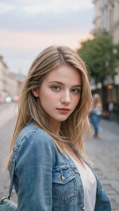 (Masterpiece, best quality, award winning, photorealistic, fashion photography :1.5), Photoshoot by DSLR camera, sharp focus, 35mm. lens and f/2.8. close-up shot at street with beautiful city view. A beautiful European female youth, pretty with blond hair