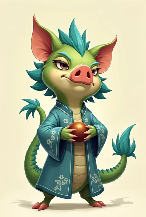 Digital illustration of a stylized, anthropomorphic pig character. Pig has a serpentine body covered in green scales, with blue accents on its mane and tail. It has a big lips and expressive, narrowed eyes. The turtle is dressed in a traditional chinese ro...