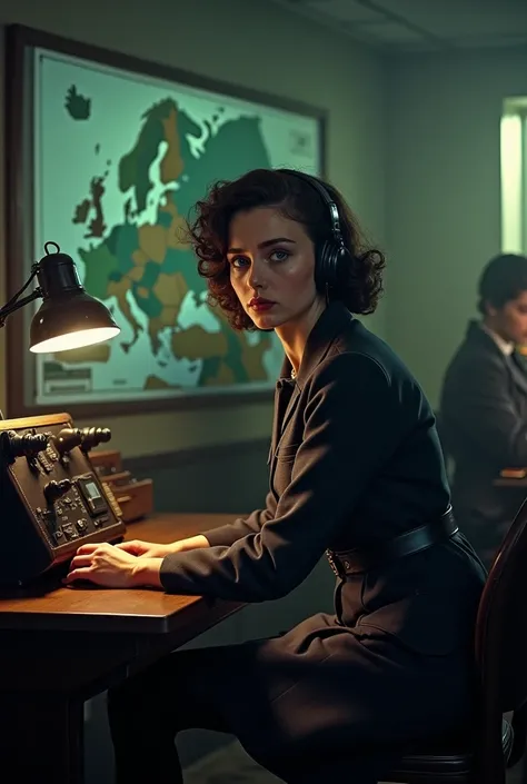 kodachrome still photo of a 2 English woman. Blue eyes. Dark brown curly hair styled in 1940s. Wearing WWII era RAF uniform. Blazer and skirt. opaque pantyhose and cuban heel shoes. Black leather military purse. Unit patch on shoulder. Sitting at radio and...