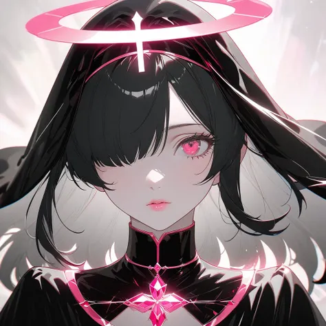 From rella, author：Agnes Cecil, A young woman, (Above chest), ((A red ribbon covers one eye)), nun, Halo, illustration，Ocean pink red eyes, Very_Long eyelashes, Delicate lips, White eyelashes, With black aesthetics、Anime aesthetic style，I cant believe how ...