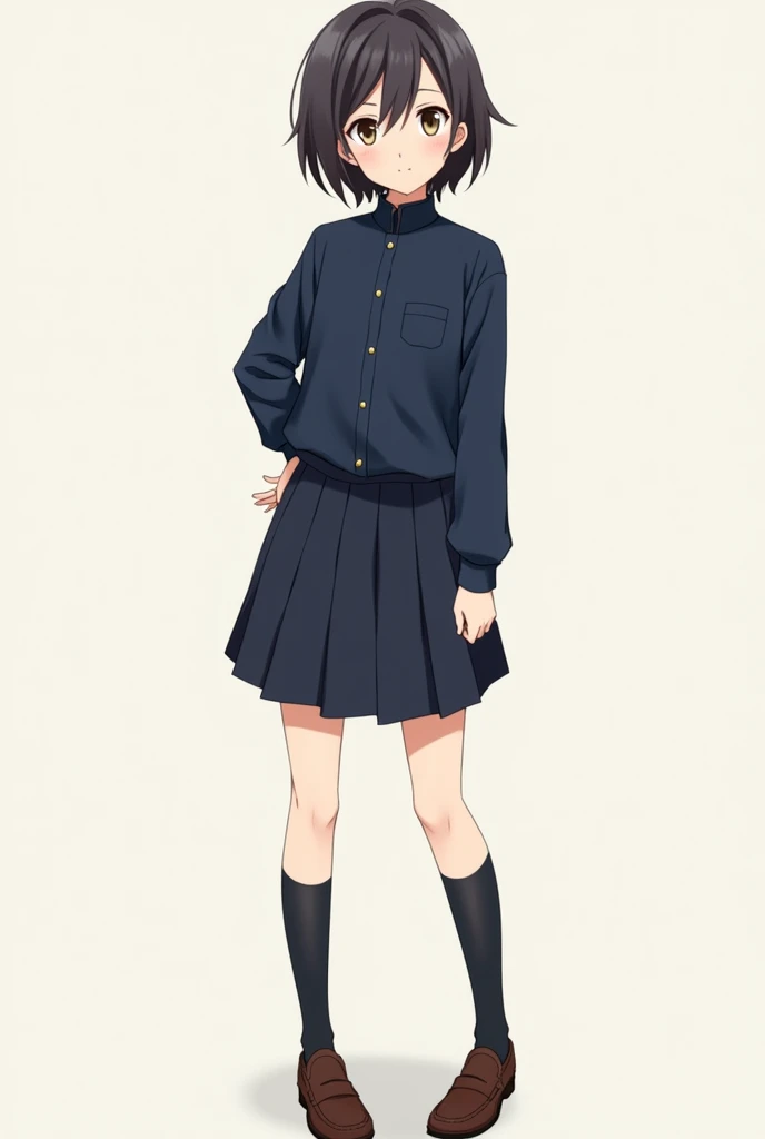 Generate a girl but she is tomboy with short hair and her uniform is a dark navy blue uniform consisting of a high-collared, short-sleeved blouse and a pleated skirt. The blouse has a simple design with a high neckline, while the skirt falls to about mid-t...