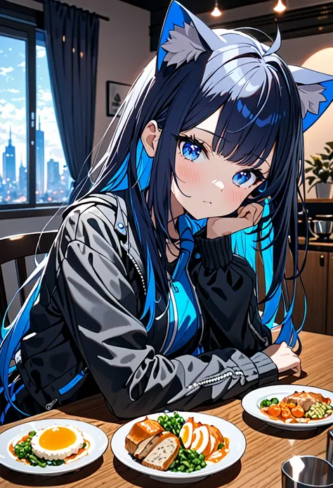 8k ultra high-quality, ultra-detailed, high quality, 2, dark blue hair, neon blue inner layer hair, long hair, cat ears, calm ex...