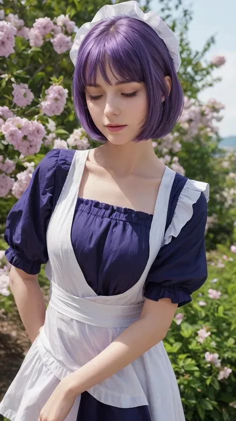 European girl.  Facial details.  Delicate facial features.  Half-closed eyes.  blue eyes.  Bob Hairstyle. Purple Hair.  A calm face. ((Dynamic pose)). Beautiful thighs. Beautiful bust. Beautiful background. (Maid clothes)