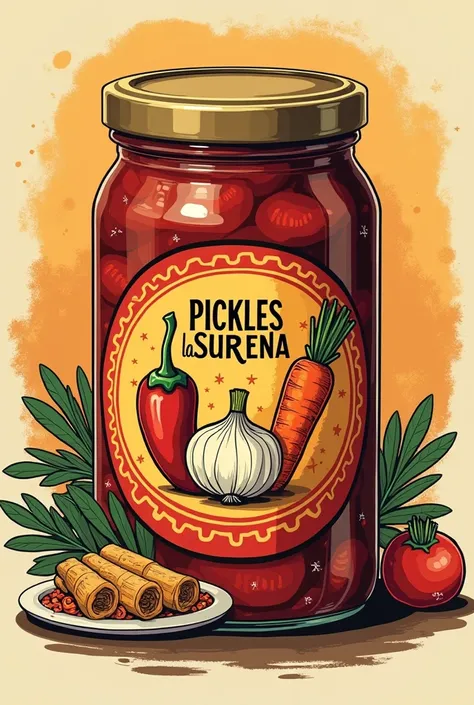 I want an image of the following with the name pickles la sureña circular design on the jar with illustrations of a Chile onion,carrot and with a plate of tamale on the side.